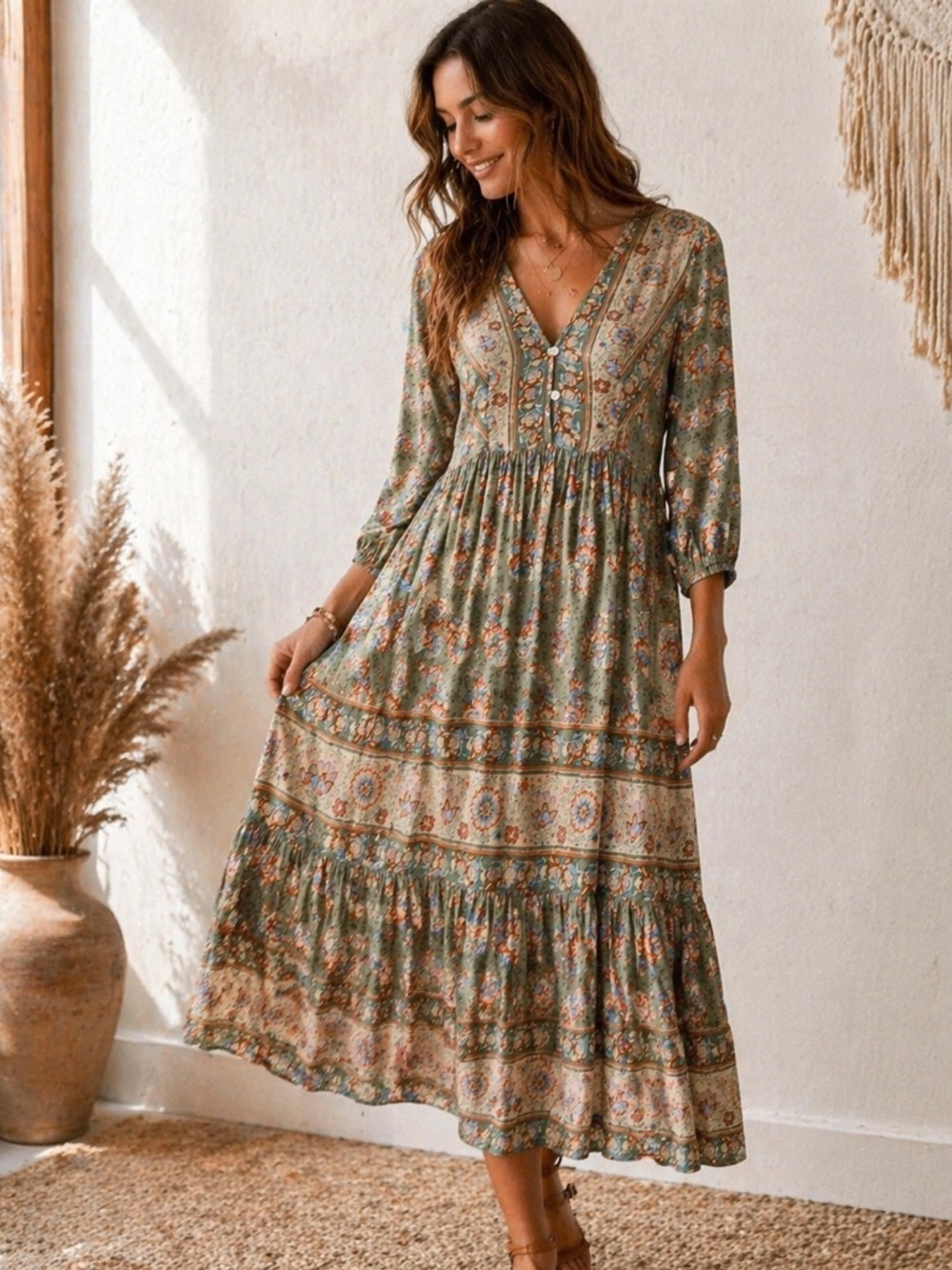 Boho Prairie Midi Dress Floral Rayon Cottagecore Peasant Small